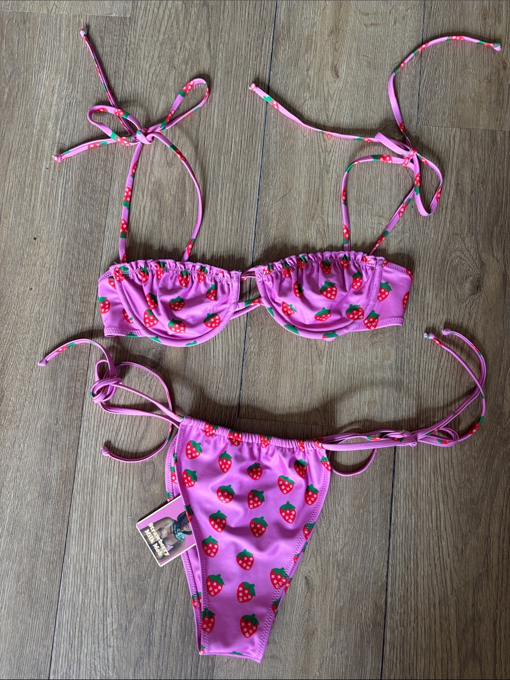 Pink Strawberry Print Tie-Strap Bikini Set - Picture 2 of 4